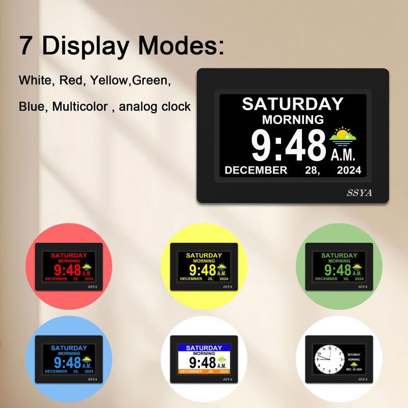 SSYA 7 Inch Calendar Clock - 12 Alarm Options, Level 5 Auto Dimmable Display,Extra Large Impaired Vision Digital Clock with Non-Abbreviated Day & Month (Black) - Image 4